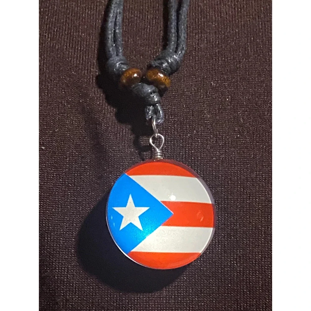 Puerto Rico Necklace with Flag Multicolor Boricua Heritage Pendant Black Cord